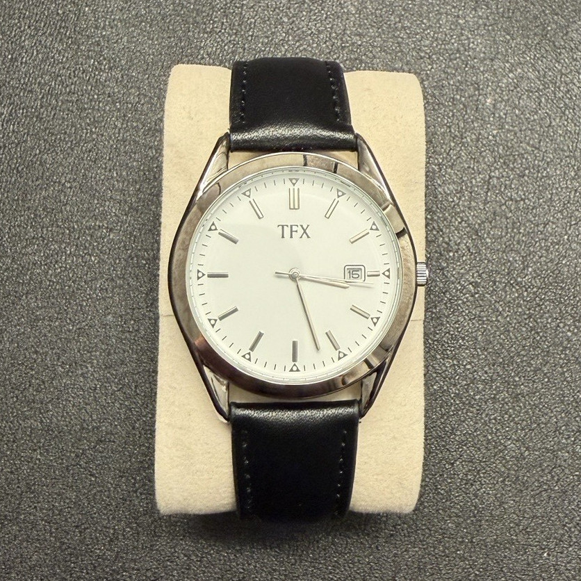TFX Quartz Analog Date White Dial Silver Steel Case Black Leather Strap