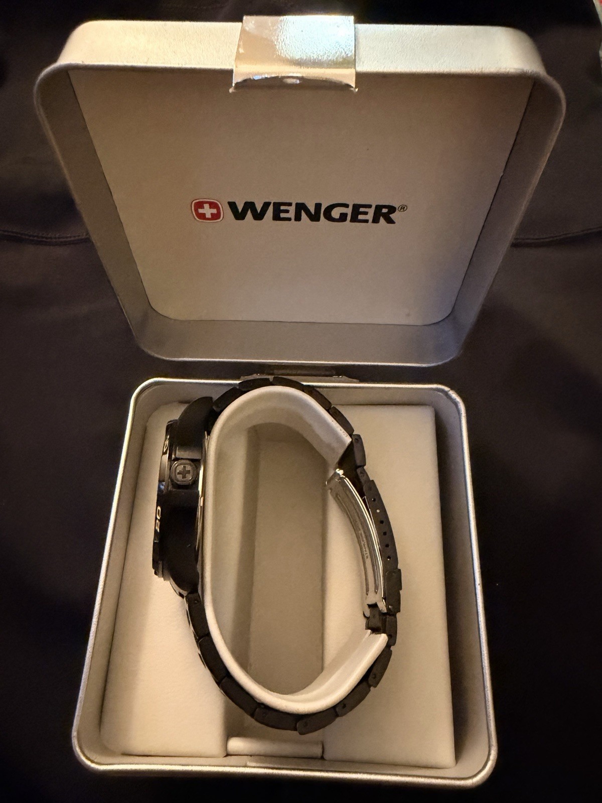 Wenger Swiss Military Quartz Date Black Dial Black Stainless Steel Bracelet