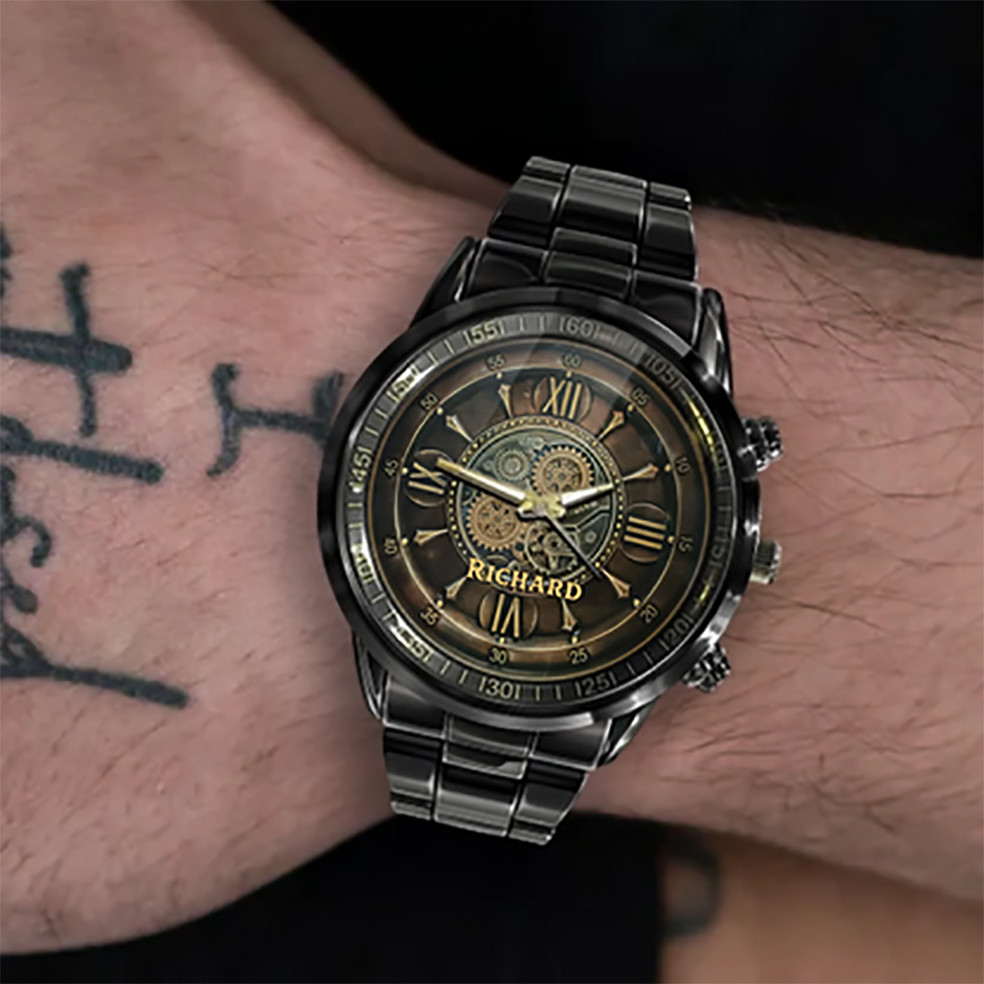 Personalized Industrial Steampunk Stainless Steel Wristwatch – Custom Name