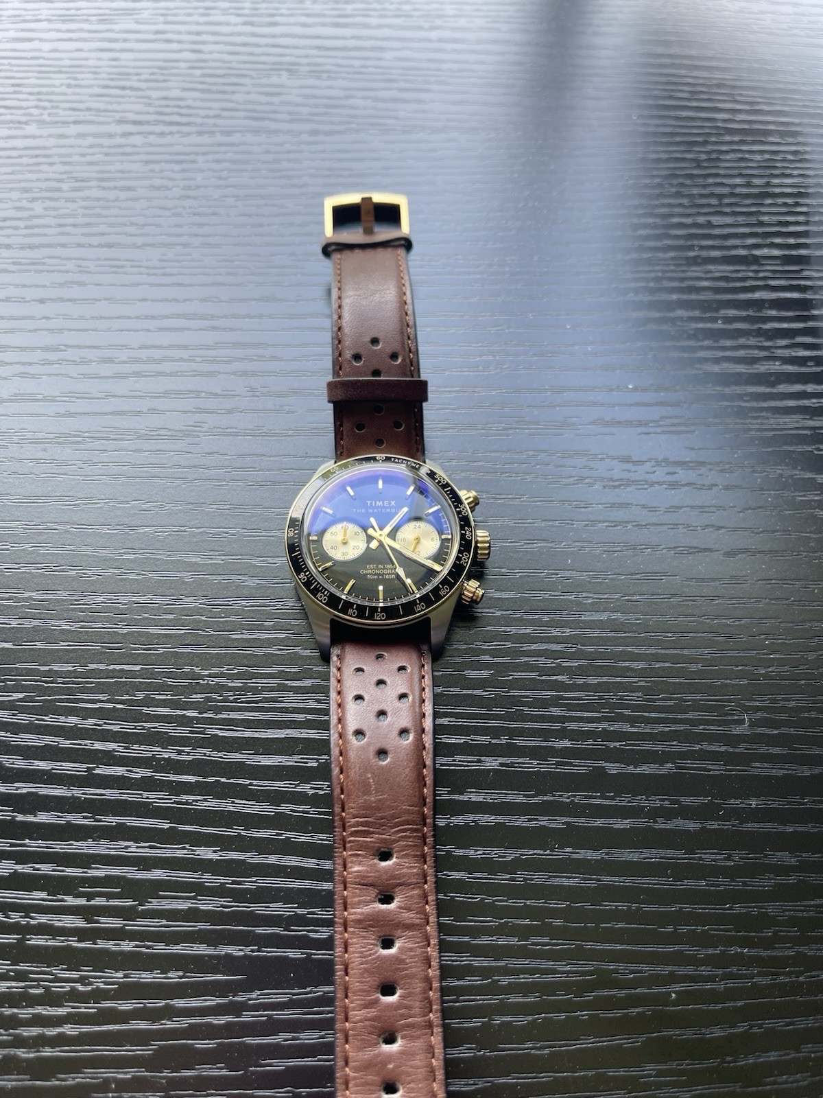 Timex Waterbury Heritage Chronograph Black And Gold Brown Leather Strap