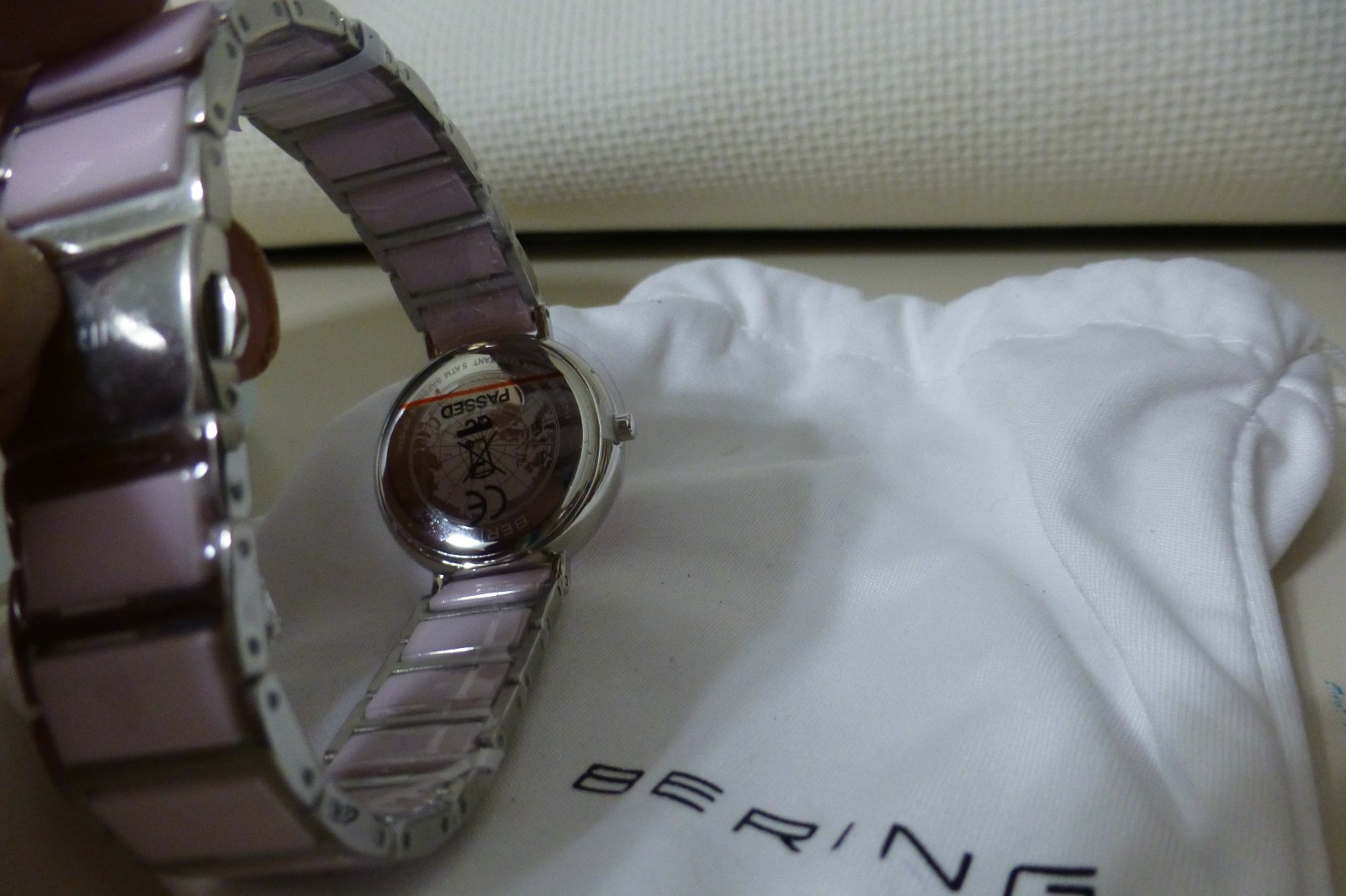 Bering Ceramic Silver Steel and Pink Ceramic Links Women’s Watch. 11422-999