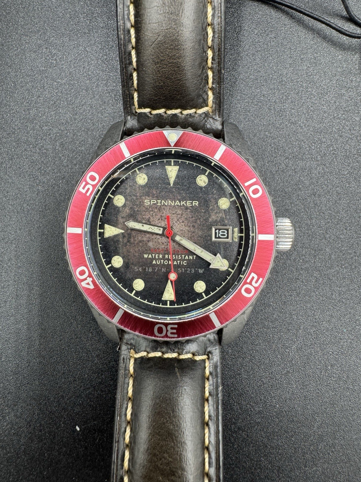 Spinnaker Wreck Red Ring and Gray with Leather Black Dial Wristwatch SP-5089-01