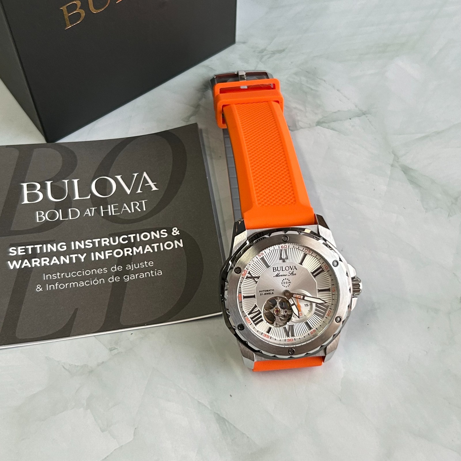 Bulova Marine Star 98A226 White Dial Orange Rubber Strap Men Automatic Watch45MM