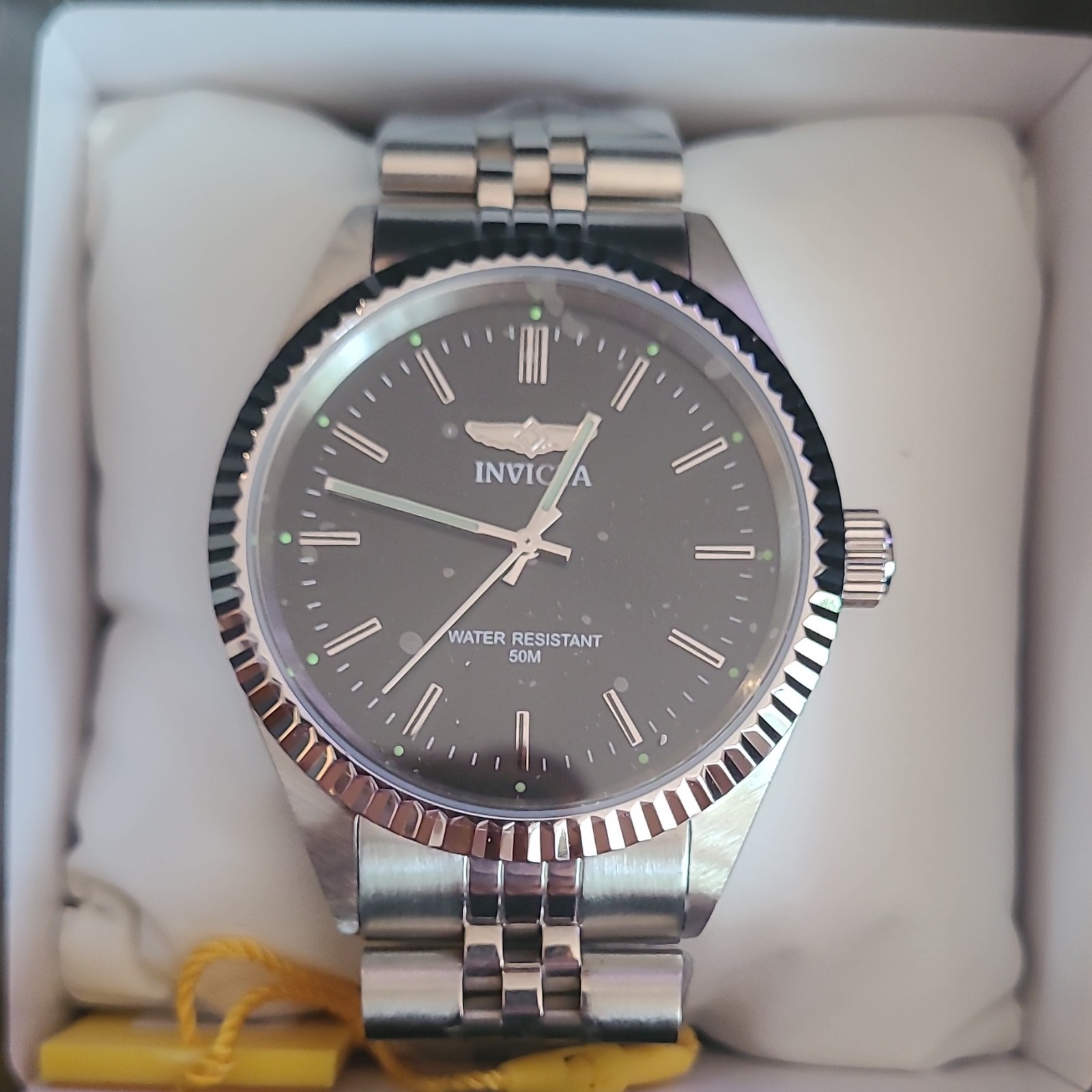 Invicta Quartz Black Dial 36mm Silver Stainless Bracelet 50m Wristwatch w/ Box