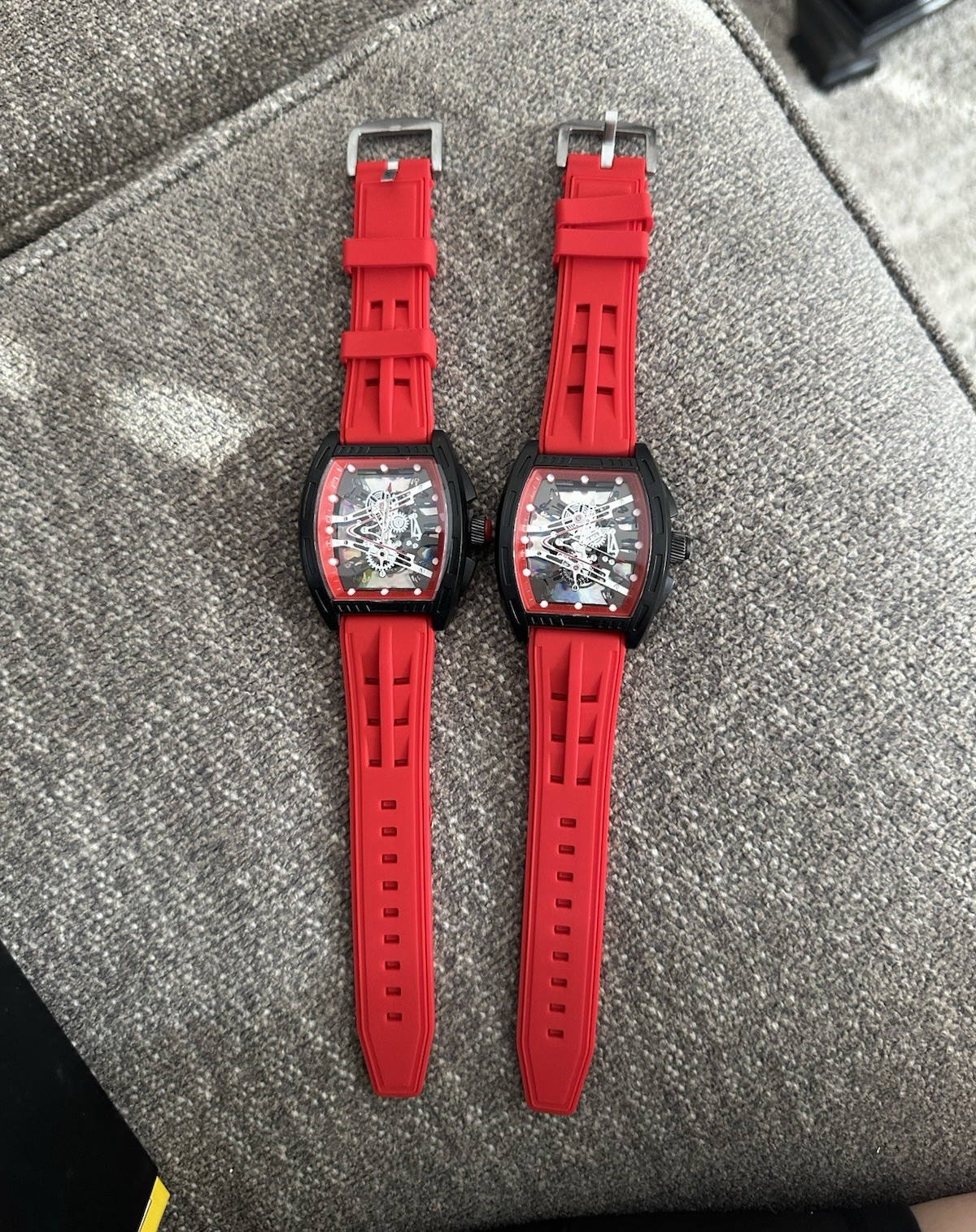 Lot of 2 Skeleton Dial Tonneau Wristwatches Black Case Red Rubber Strap