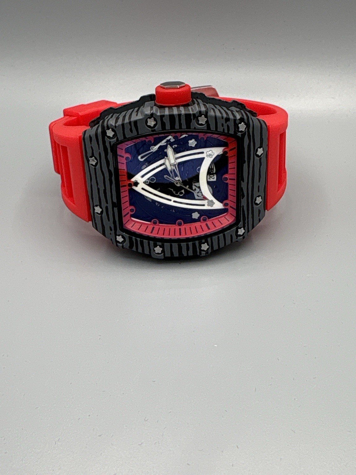 ORUSS 1853 Skeleton Style Red Black Watch Tonneau Silicone Strap New No Tag/box