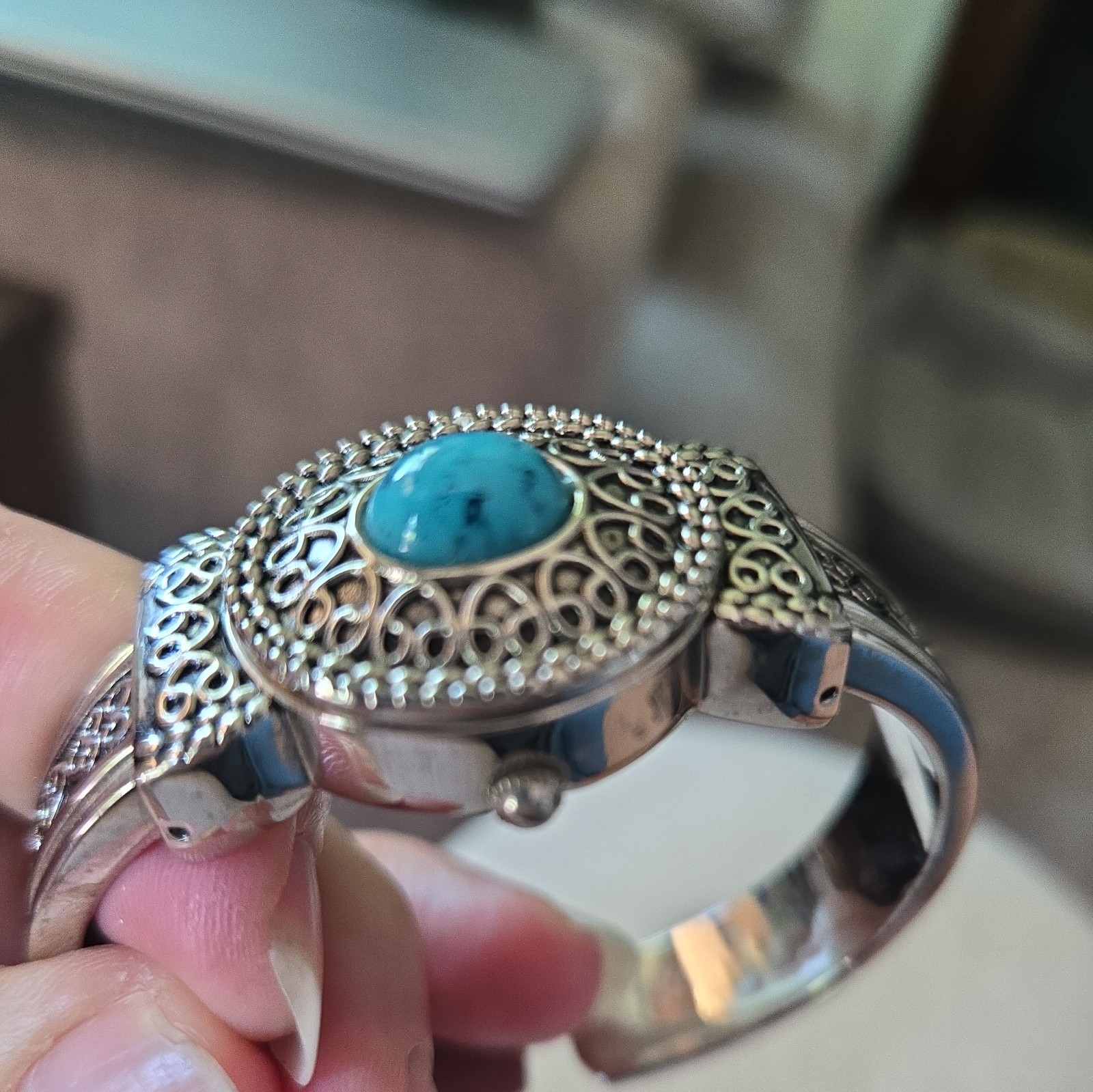 Hidden Dial Womens Watch Silver Tone Faux Turquoise Bangle Cuff