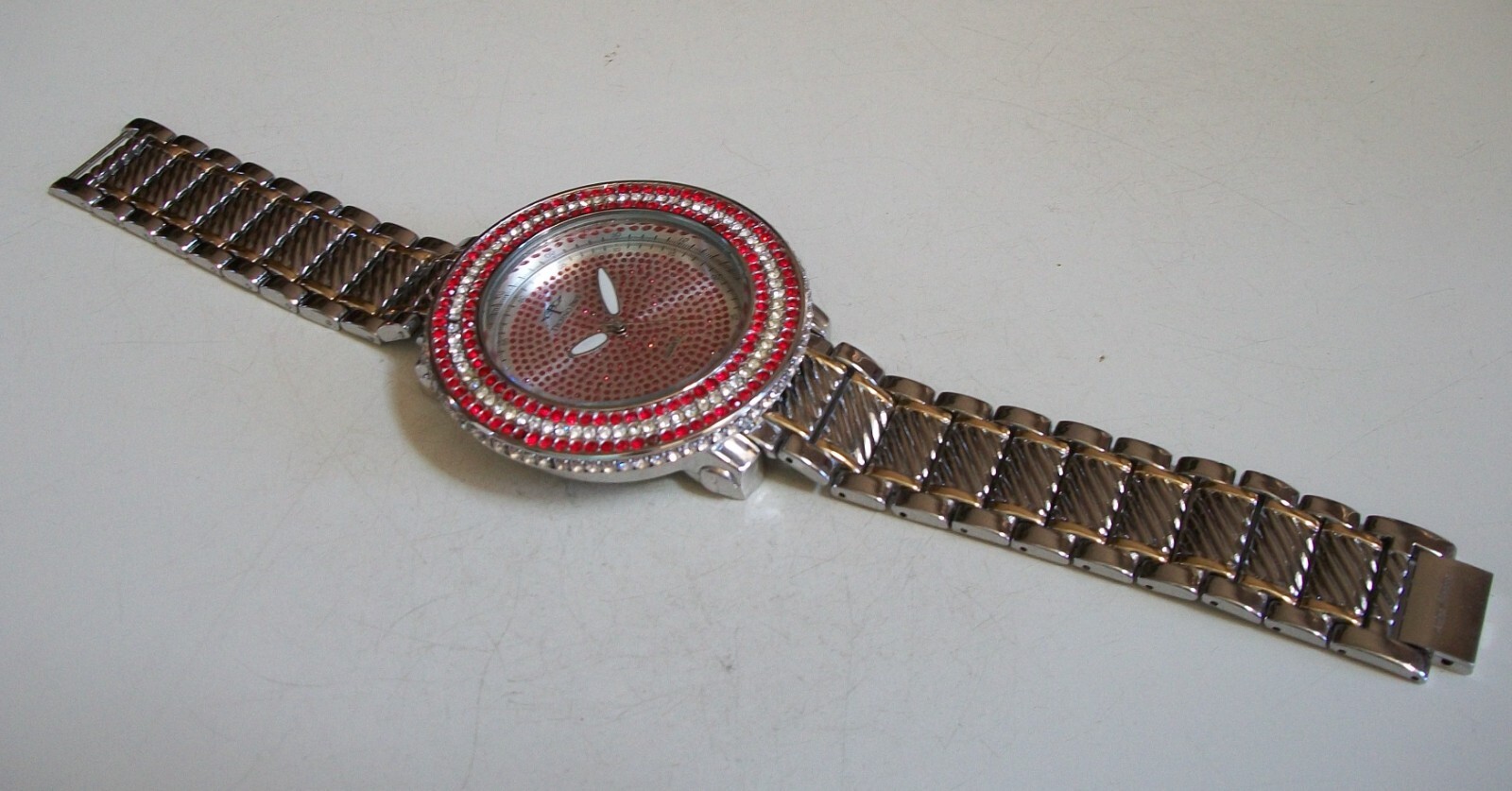 Men’s Gold & Silver Finish Clear & Red Bling Fashion Dress Up Party Watch