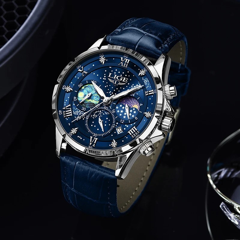 LIGE Luxury Quartz Men’s Watch Leather Strap Date Waterproof Luminous Wristwatch