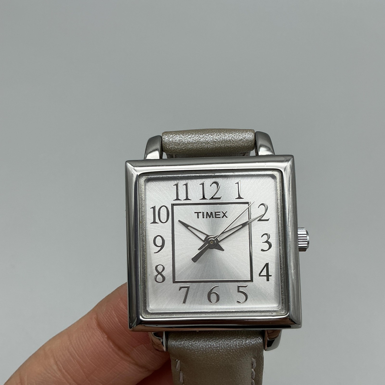 Timex Womens Watch 28mm Silver Tone Gray Leather T2P095 Square Dial