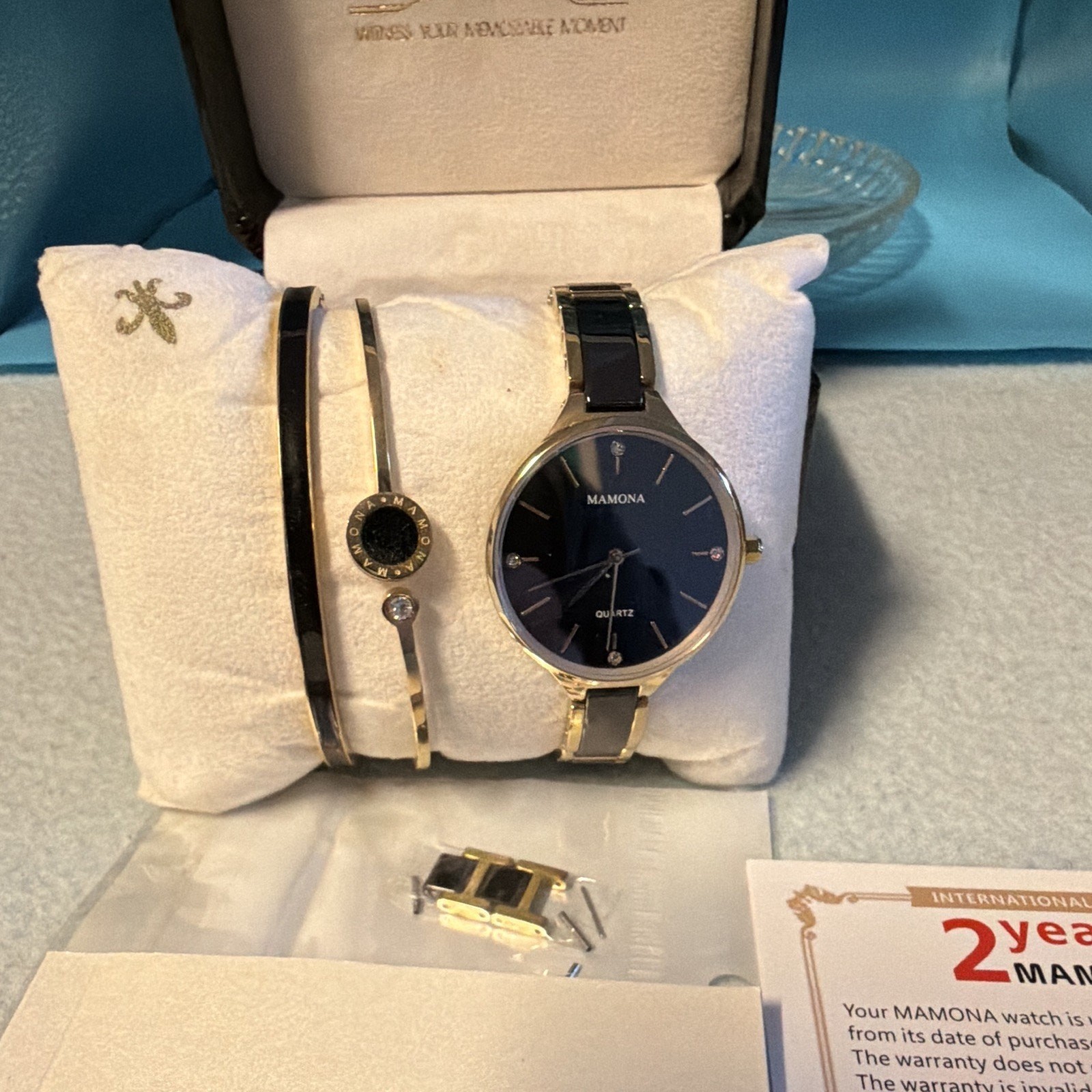 MAMONA Women’s Quartz Watch Blue & Black/Gold Bracelet Box Papers Needs Battery