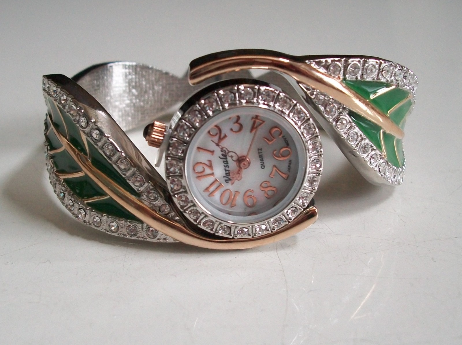 Women number dial stone leaf black, green and white fashion bangle cuff watch