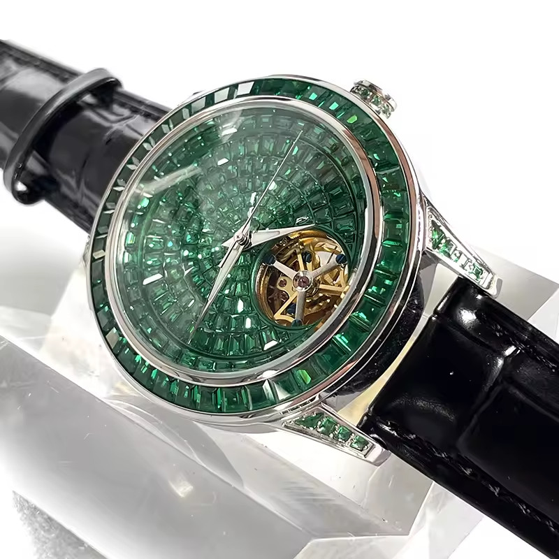 🔥USA🔥PINDU Men’s Automatic Watch Mineral Glass Green Black Leather P5037