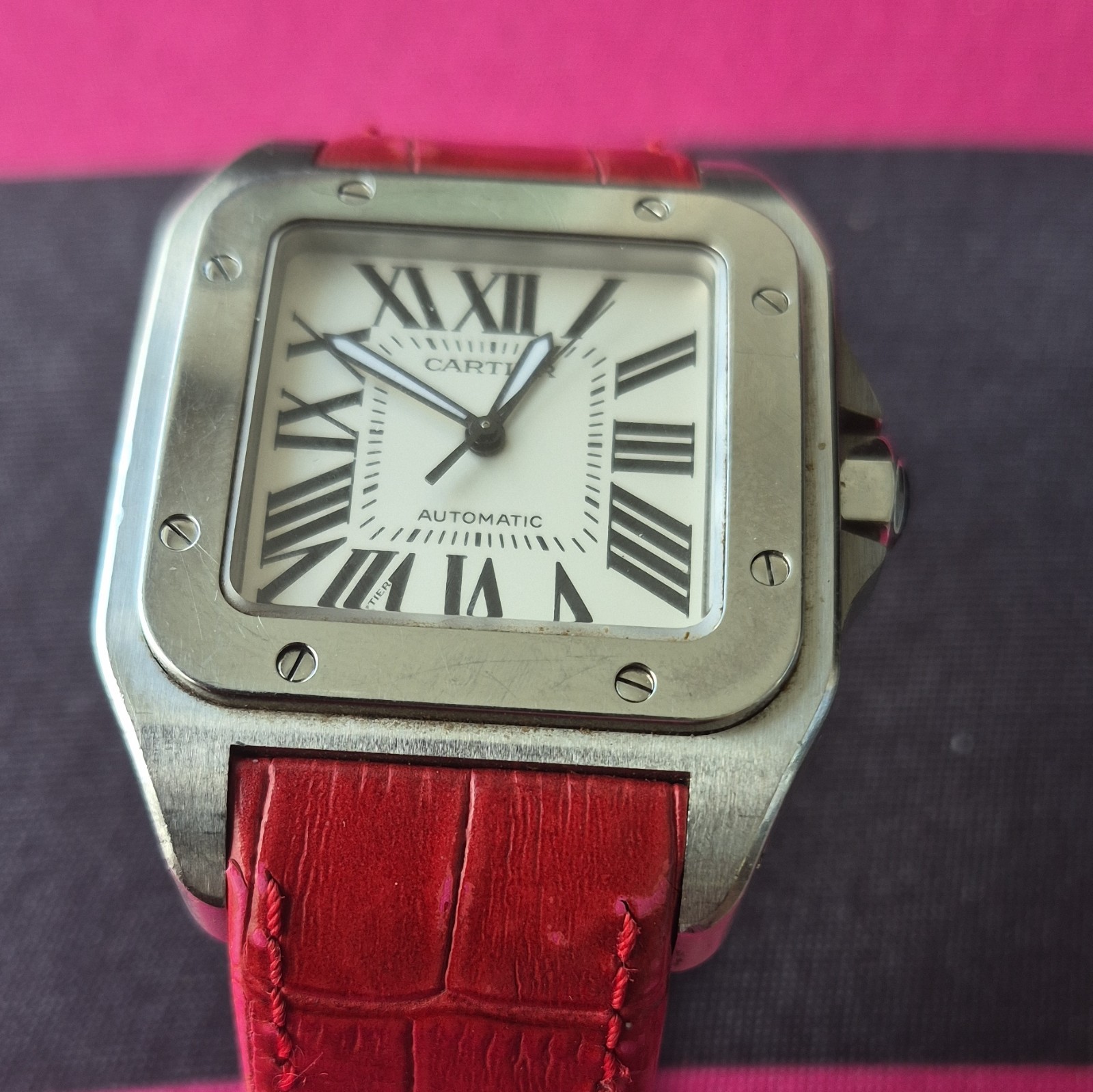 Cartier Santos Automatic Square Silver Watch White Roman Dial Red Strap