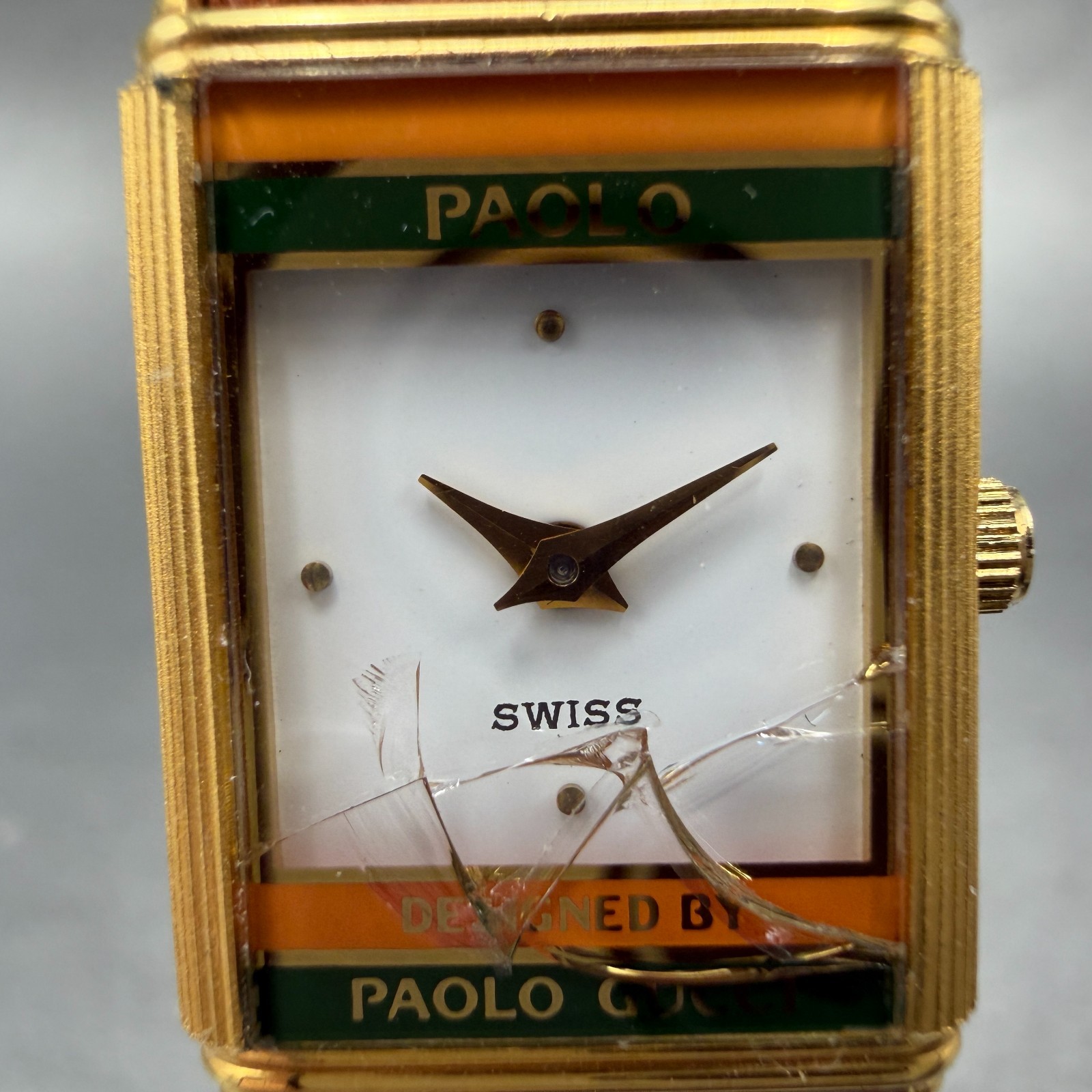 Paolo Gucci Tank Watch Women 18mm White Dial Gold Tone New Battery NOS CRACKED