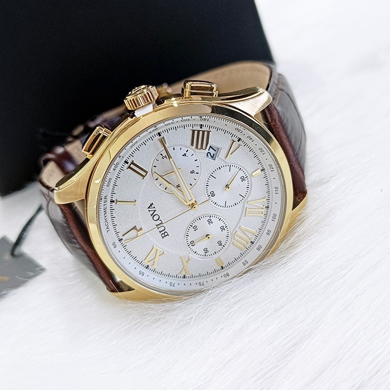 Men’s Bulova Wilton White Dial Brown Leather Classic 97B169 Quartz Watch 46.5mm