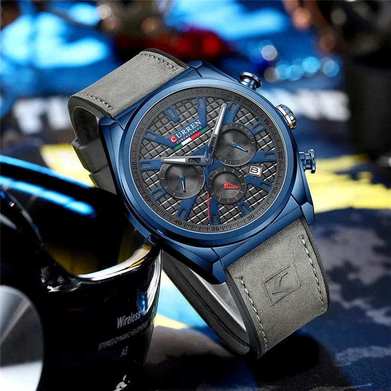 CURREN Mens Chronograph Watch Blue Gray Leather Strap Date 46mm Quartz