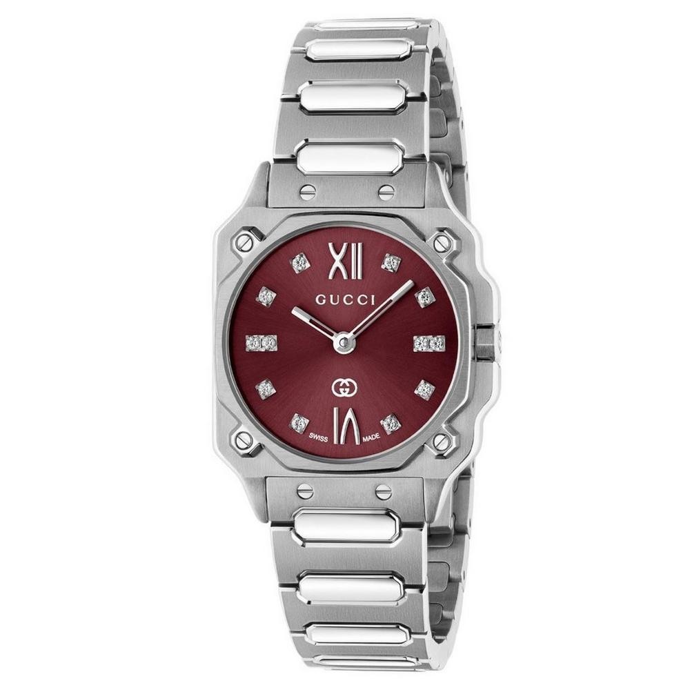 Gucci G-Flat 24mm Diamond Ladies Watch YA166508 Burgundy, 24mm Silver/Red Unisex