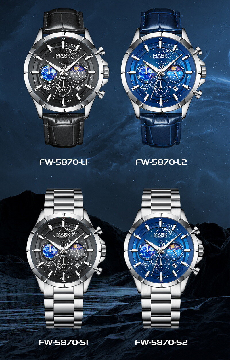 MARK FAIRWHALE Cosmic Stars Moon Phase Calendar Luminous Waterproof Quartz Watch