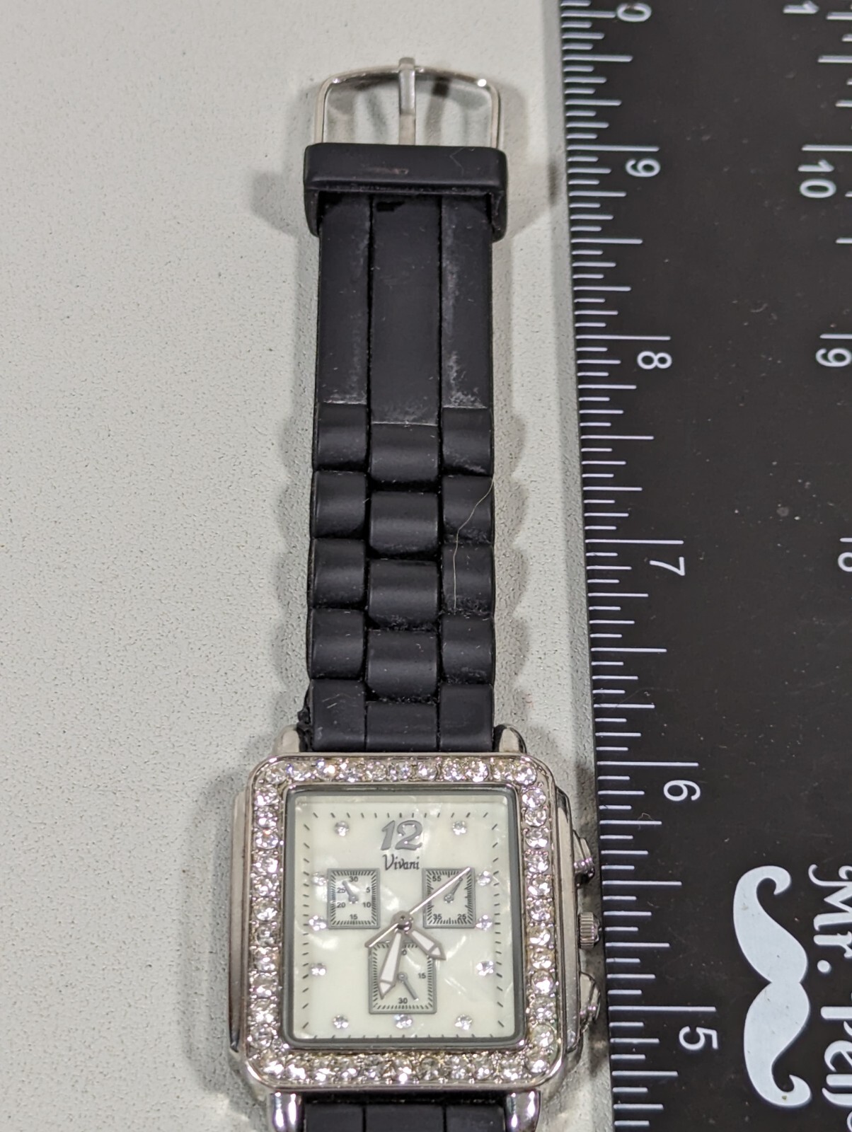 Vivani Pearlized Dial Silver Tone Crystal Accent Rectangle Case Black Band Watch