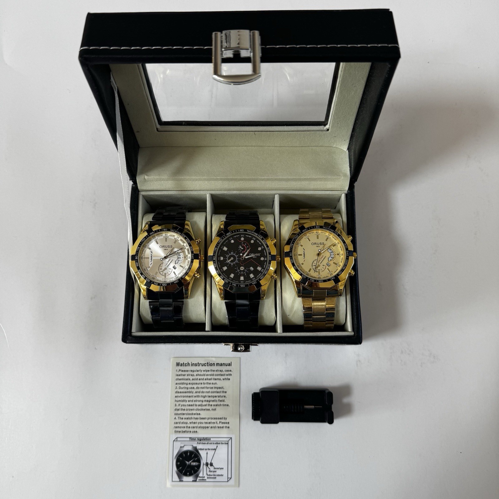 ORUSS 1853 Men’s Watch Gift Set Of 3 Silver Black Cream w/ Display Case / Tool