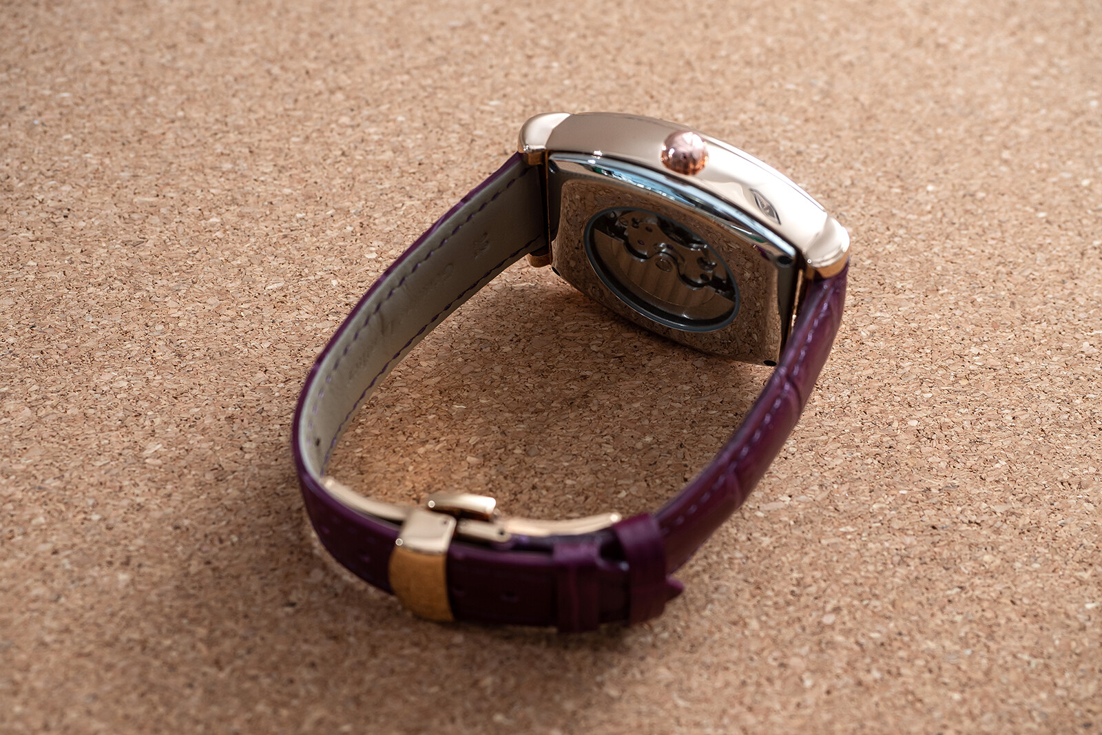 Mens Rose Gold Moon Phase Automatic Mechanical Watch Purple Leather 24HR Dial