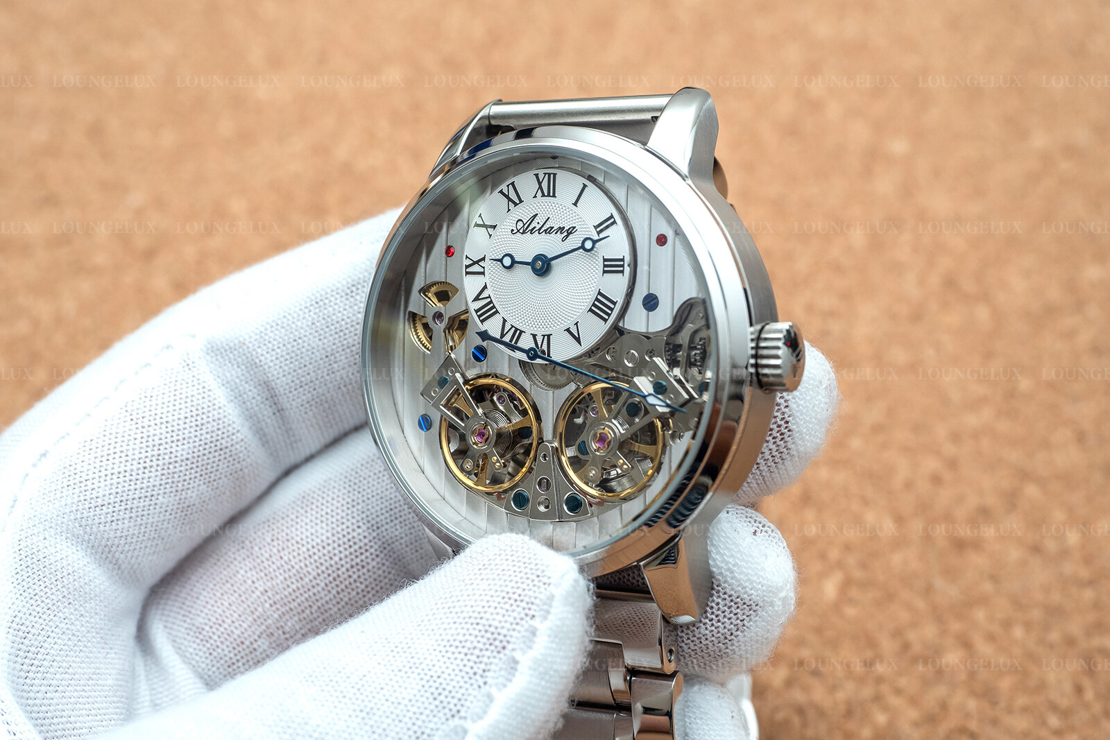 Mens Double Flywheel Automatic Mechanical Watch Silver White Stainless Steel