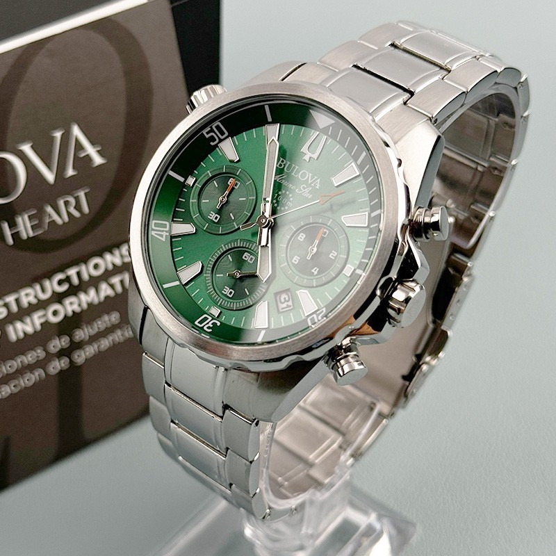 Bulova Marine Star 96B396 Chronograph Men’s Quartz Watch Green Dial 43mm