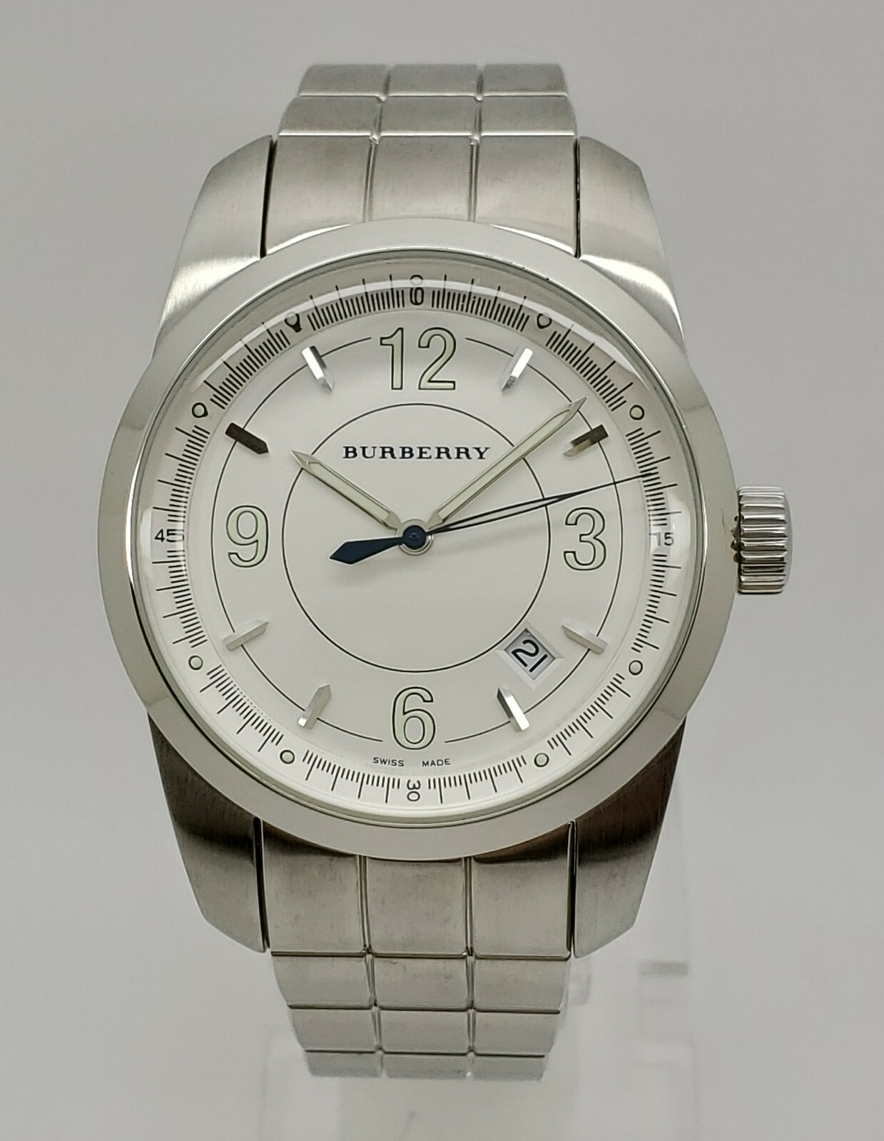 Burberry BU7301 Silver Tone White Date Dial Mens Swiss Made Dress Watch