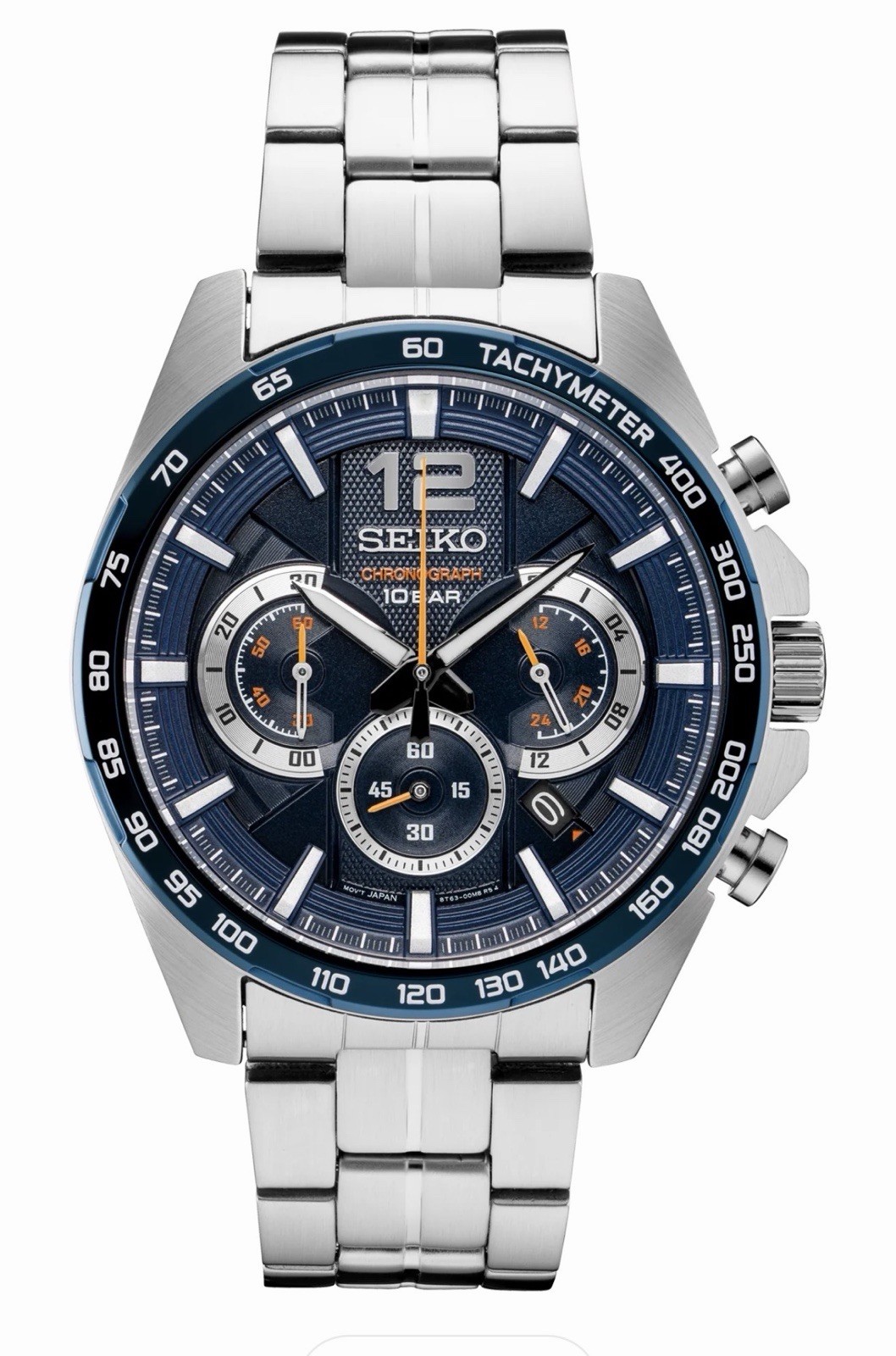 Seiko Quartz Chronograph Tachymeter Date Blue Dial Steel Bracelet 47mm