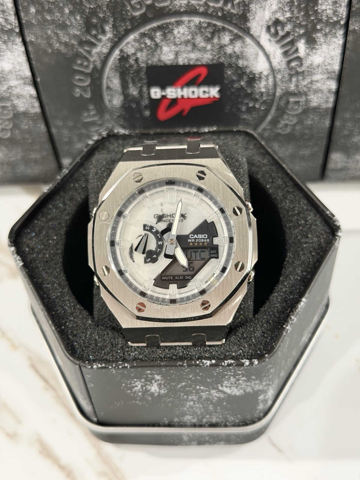 Casio GA-2100 G-Shock Watch – Sandblasted Silver Case Mod – White Dial