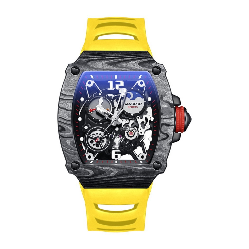 HANBORO Men Automatic Watch Tonneau Mechanical Wristwatch Sapphire Carbon Fiber