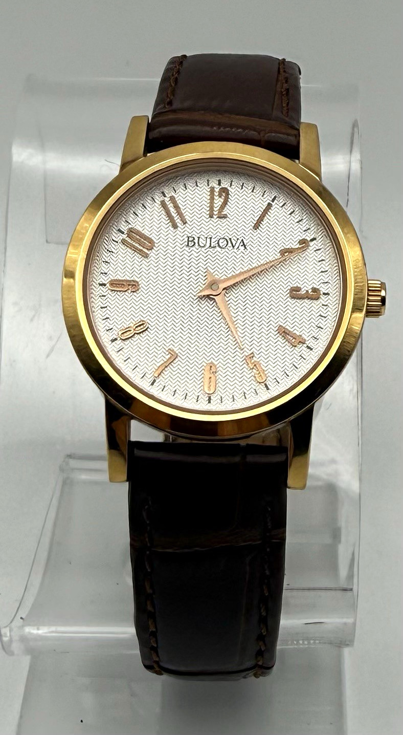 Bulova Classic Quartz Gold Tone SS Case White Arabic Dial 38mm Leather 30m
