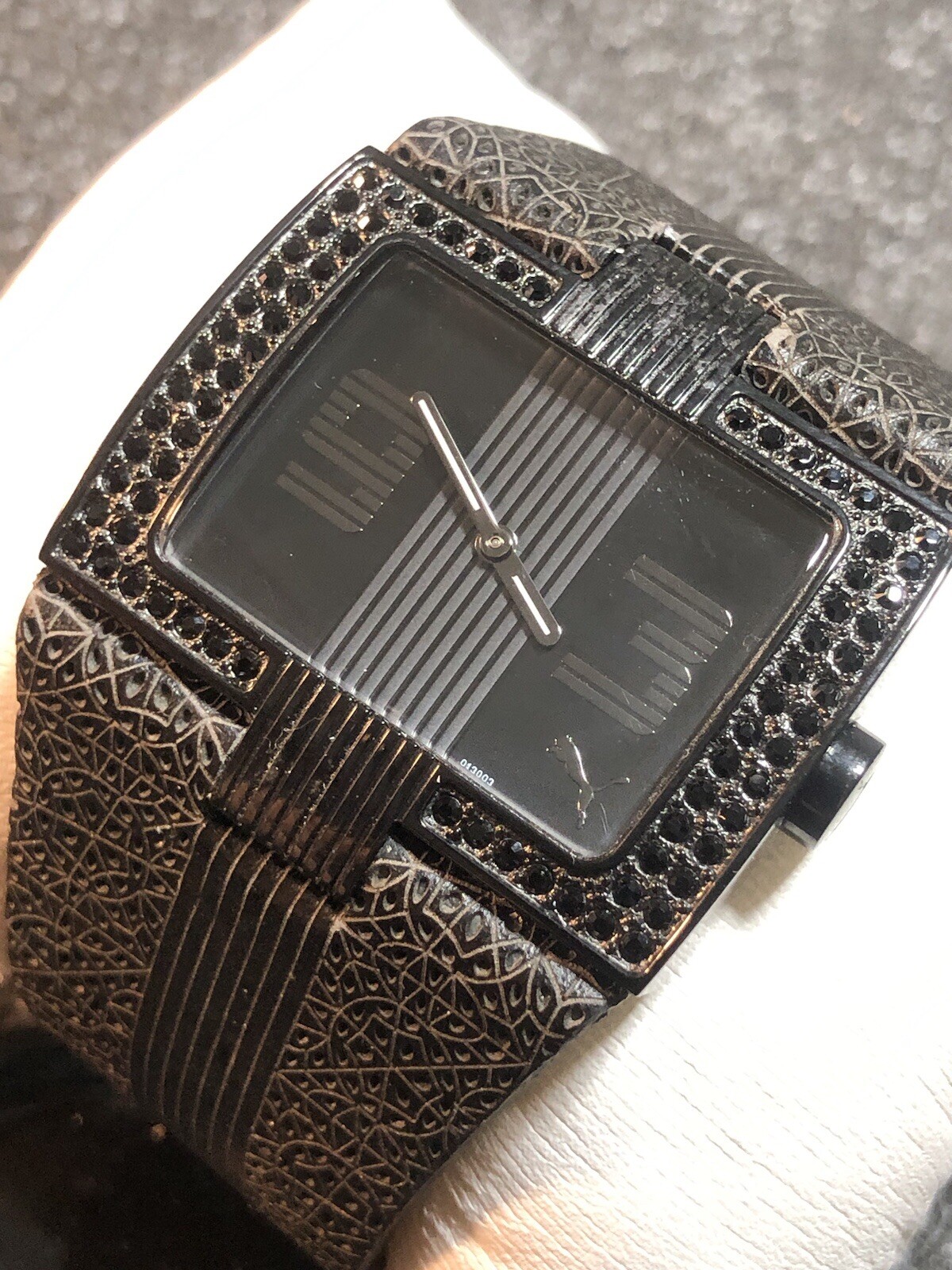 Ladies Black Puma Watch Gemmed Bezel Large Leather Band New Battery