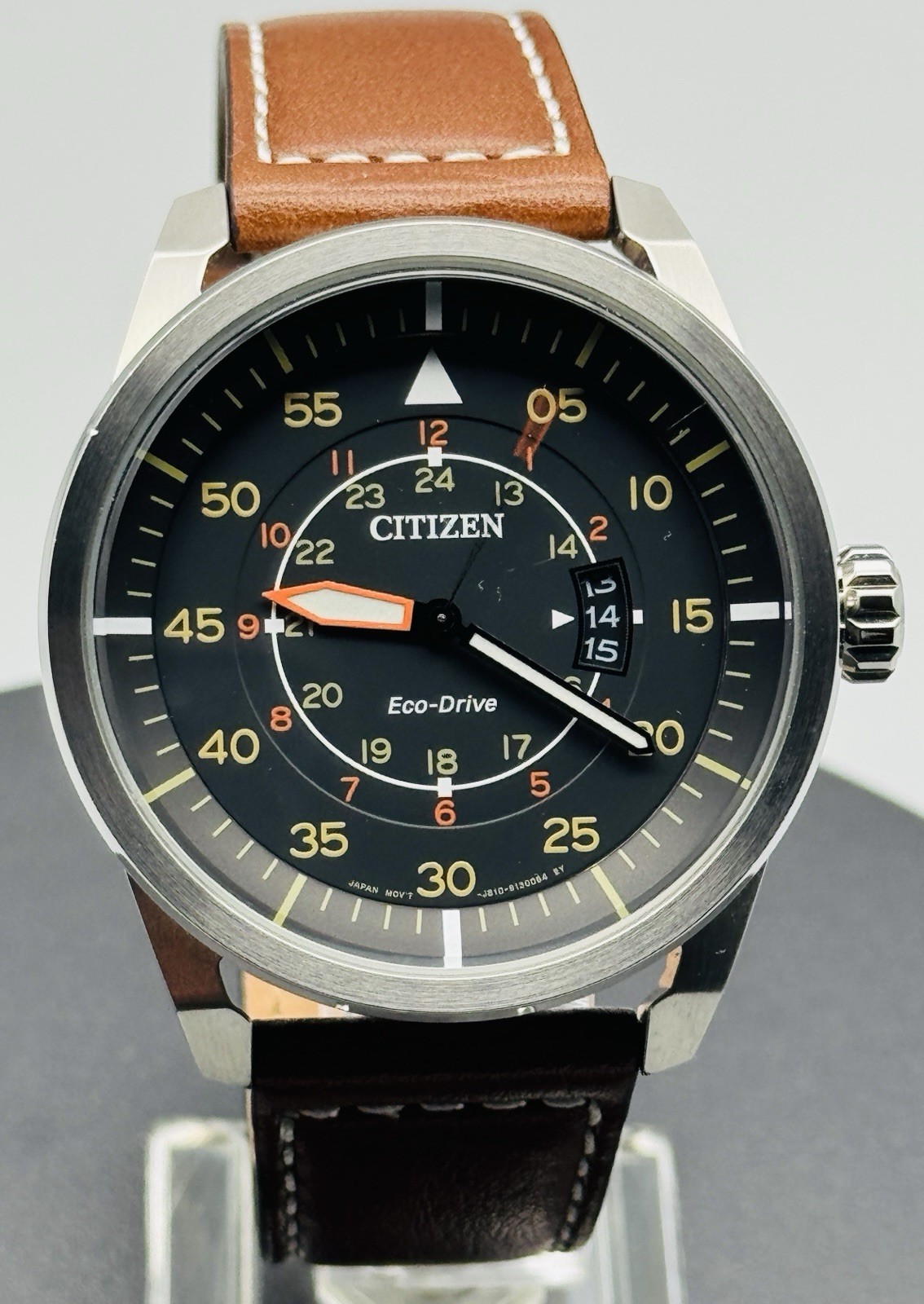 Citizen Eco-Drive Avion Watch Black Orange Yellow Aviator Dial Camel AW1361-10H
