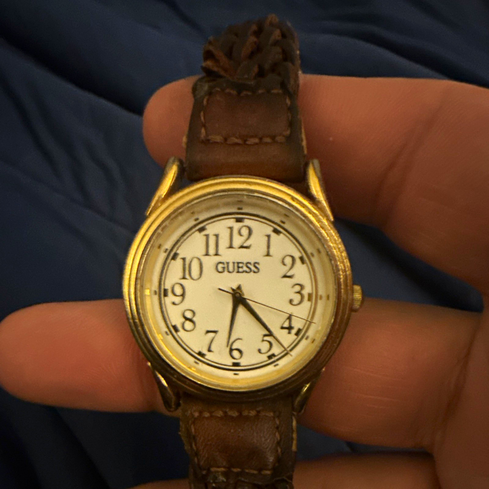 GUESS Quartz Women’s Wristwatch Gold Tone White Dial Brown Leather Arabic