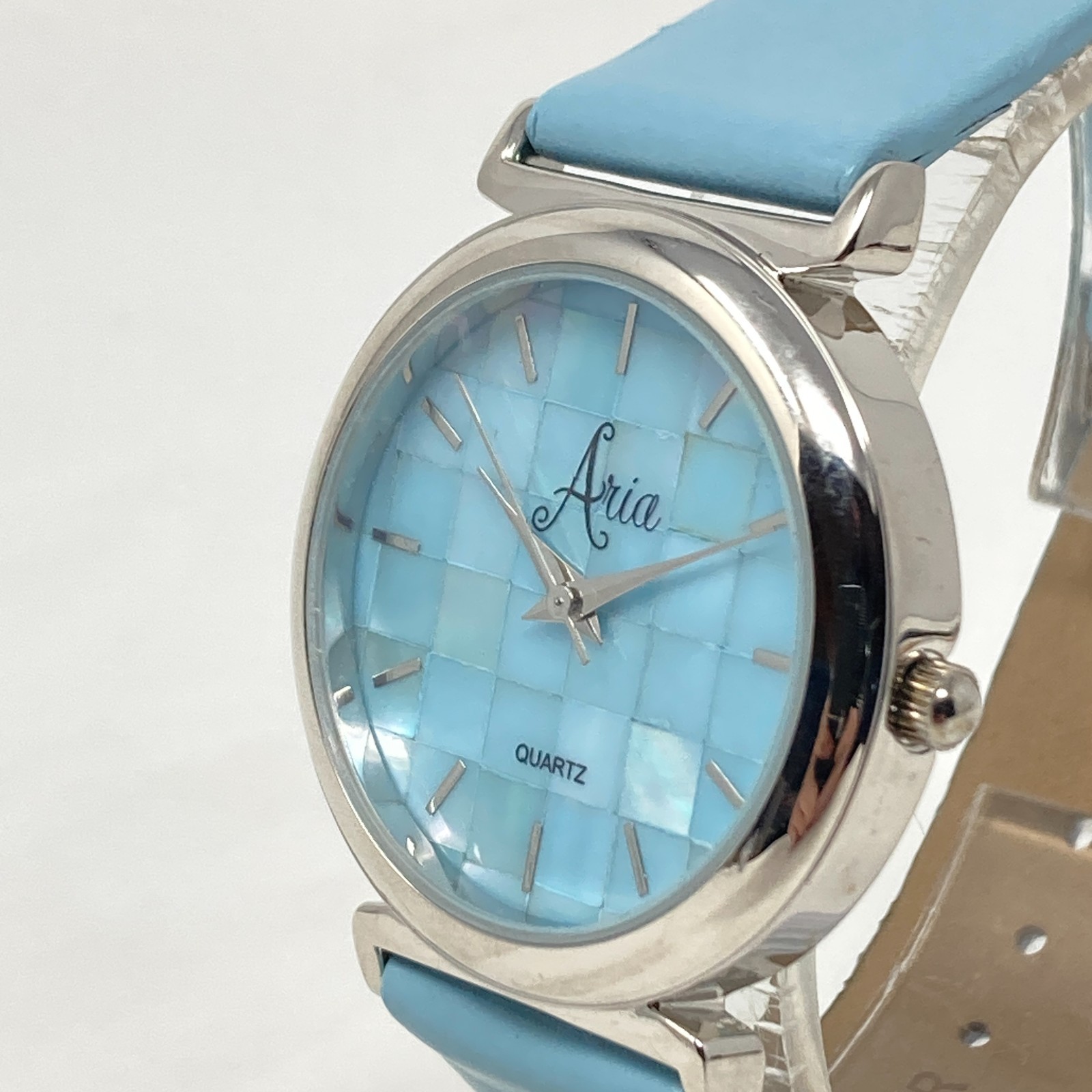 Aria Womens Watch 34mm Silver Tone Blue MOP Mosaic Round New Battery 8″
