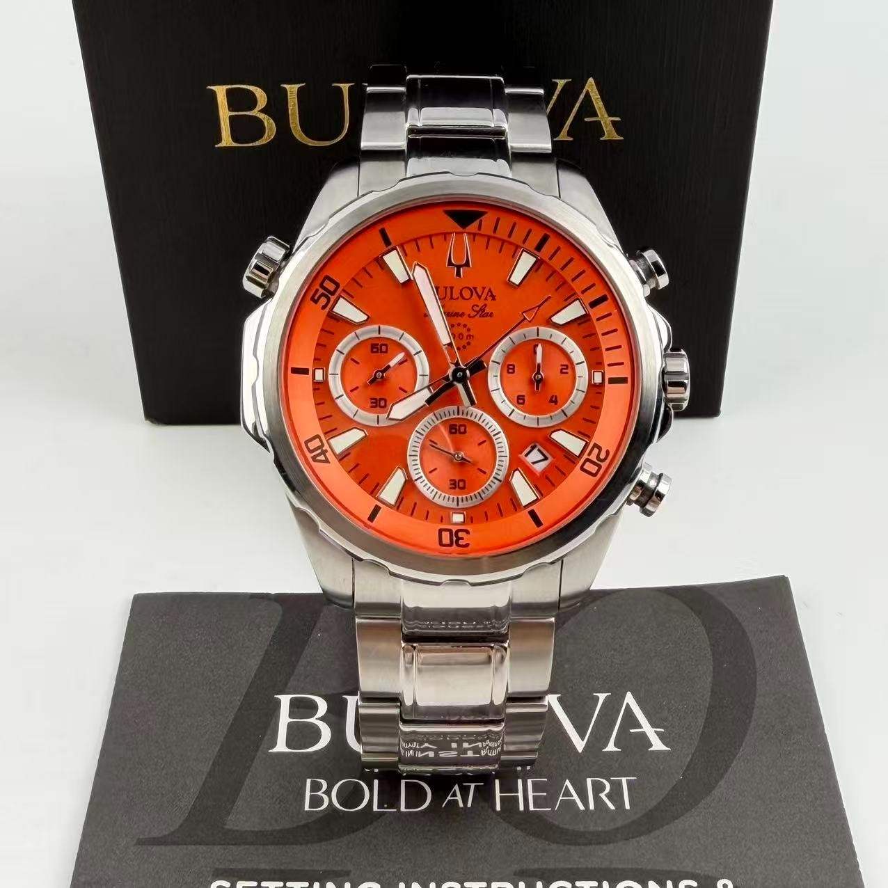 Bulova Marine Star 96B395 Men’s Chronograph Quartz Watch Orange Dial 44 mm