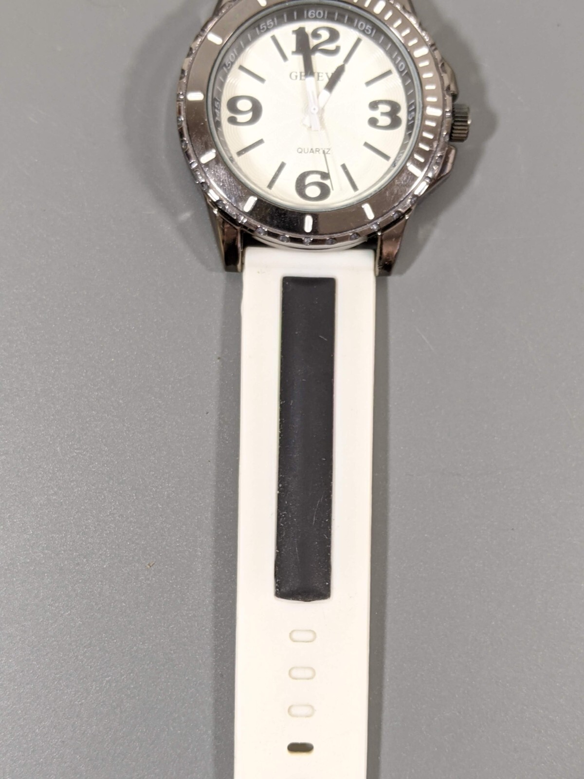 Geneva Black White Stripe Silicone Jelly Band Watch Round White Dial