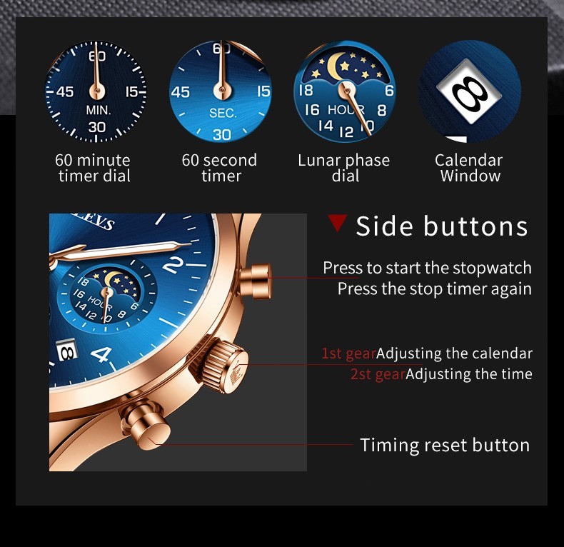 OLEVS 2882 Luminous Multifunctional Male Genuine Leather Classic Quartz Watch