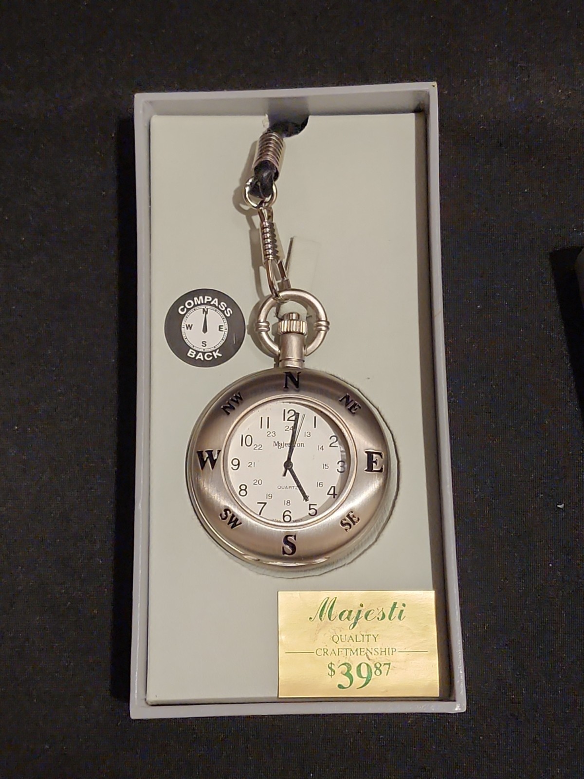 Vintage Majesti Quartz Pocket Watch with Built-in Compass, Chain, and…