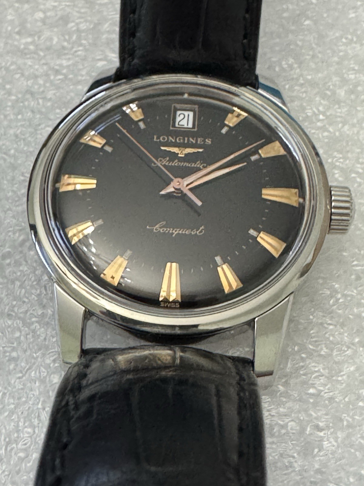 Longines Conquest Automatic Black Dial Date Alligator Leather Strap Watch