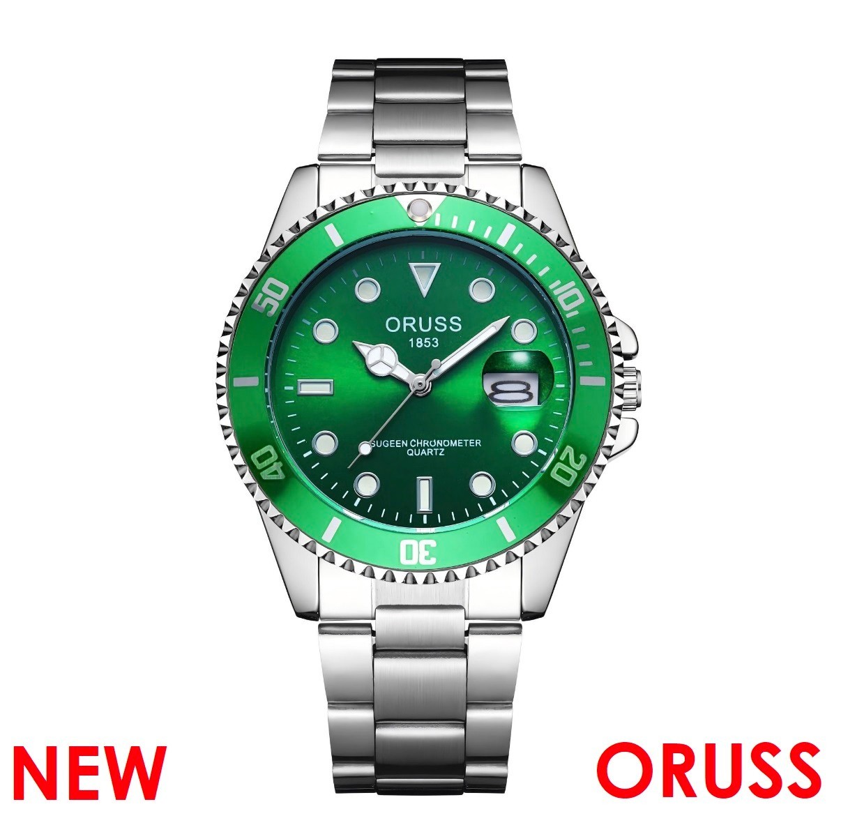 ORUSS 1853 DIVER MENS GREEN SILVER 40MM QUARTZ STEEL WATCH NIB