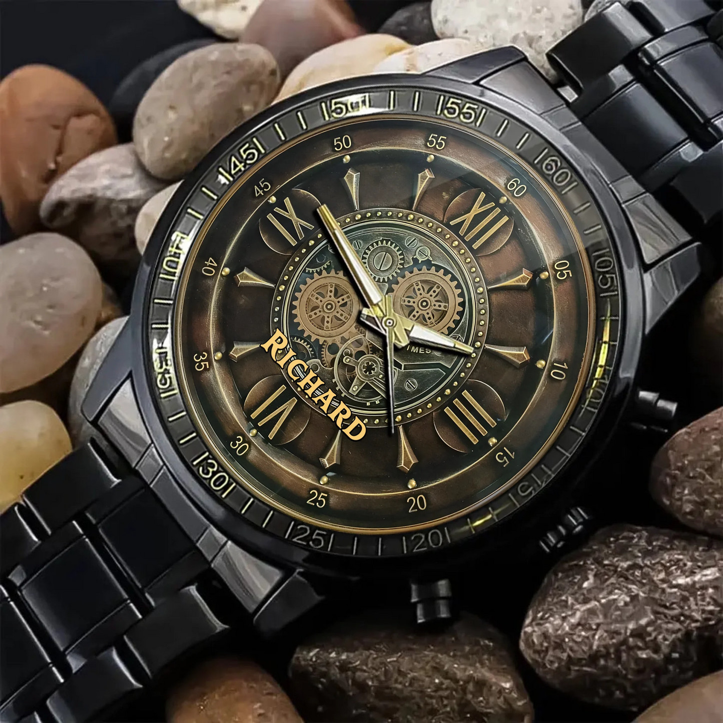 Personalized Industrial Steampunk Stainless Steel Wristwatch – Custom Name