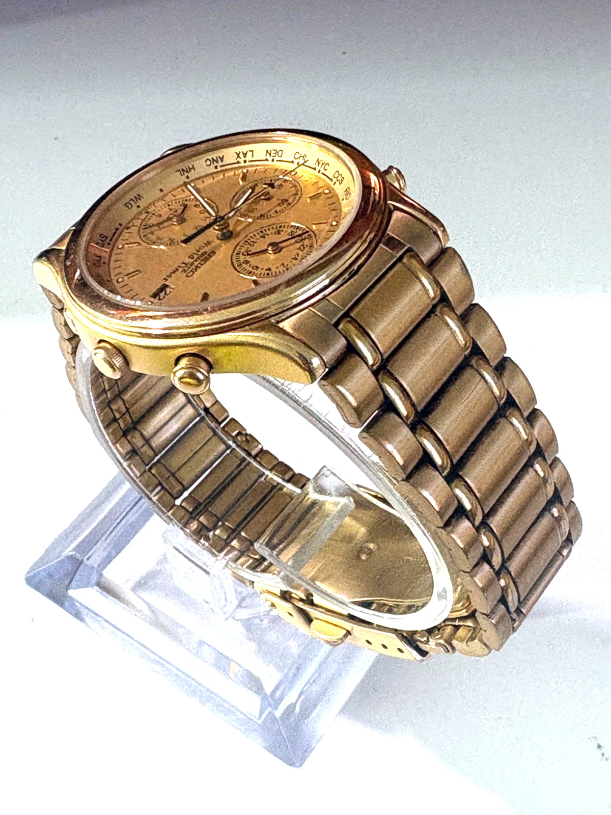 VINTAGE SEIKO WORLD TIMER 5T52-6A29 DUAL TIME ALARM GOLD TONE QUARTZ MENS WATCH