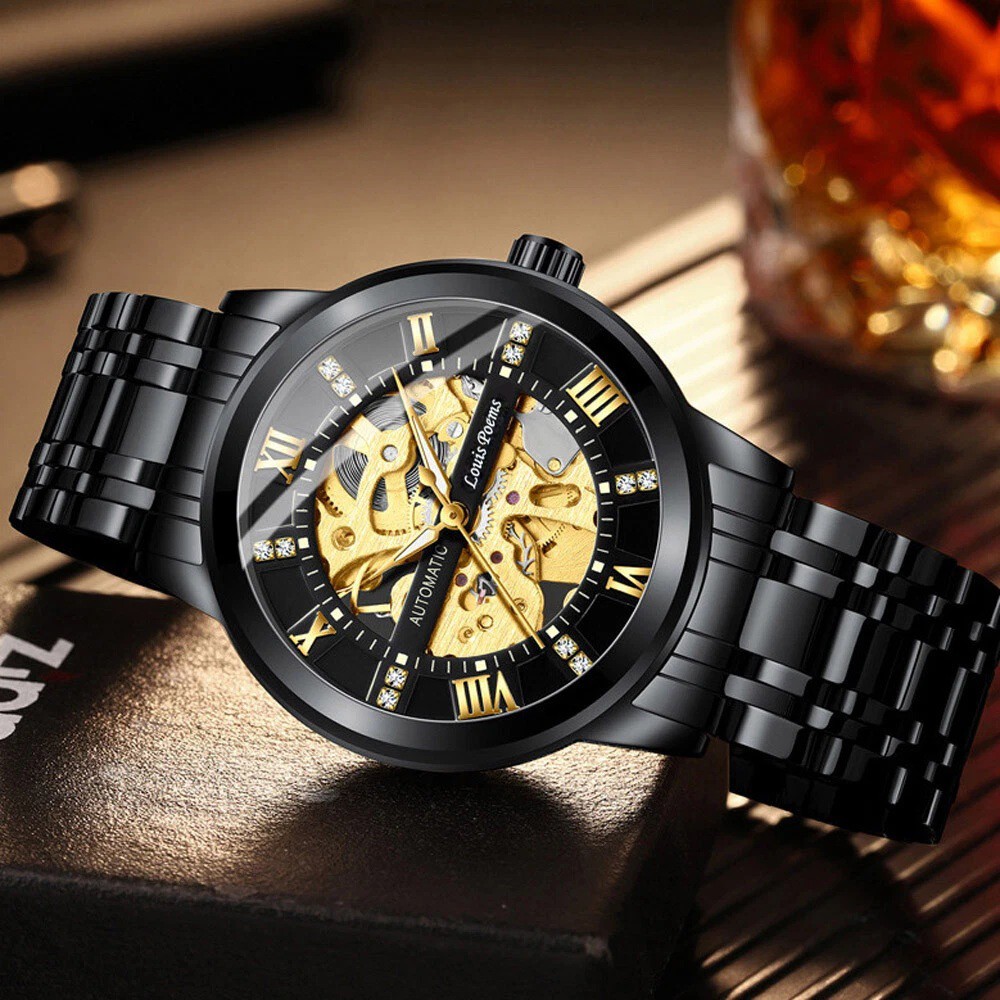 Men’s Luxury Stainless Steel Gold Tone Skeleton Automatic Mechanical Wrist Watch