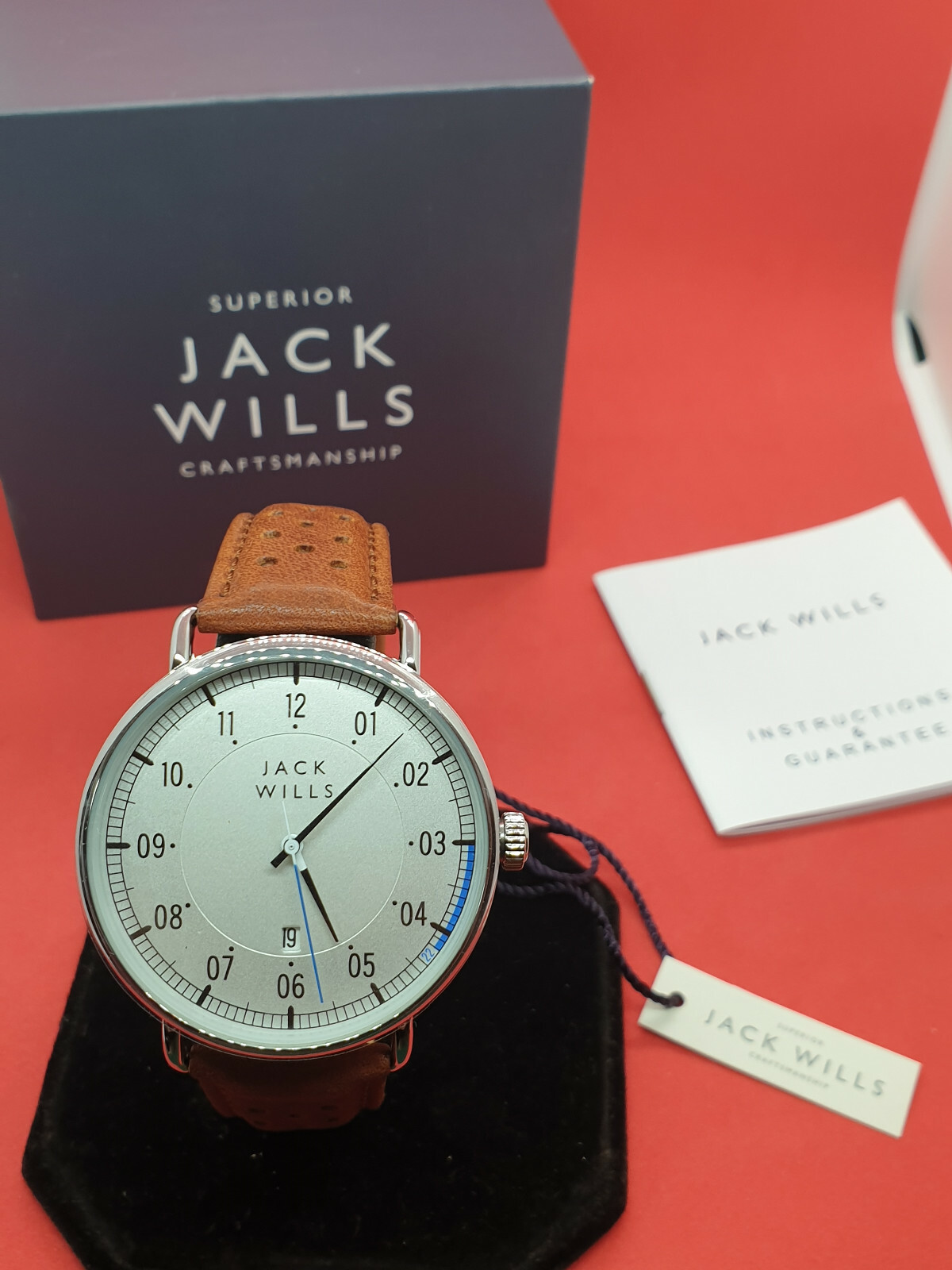 mens jack wills chrome watch with date display 3atm,brown tan strap new in box.