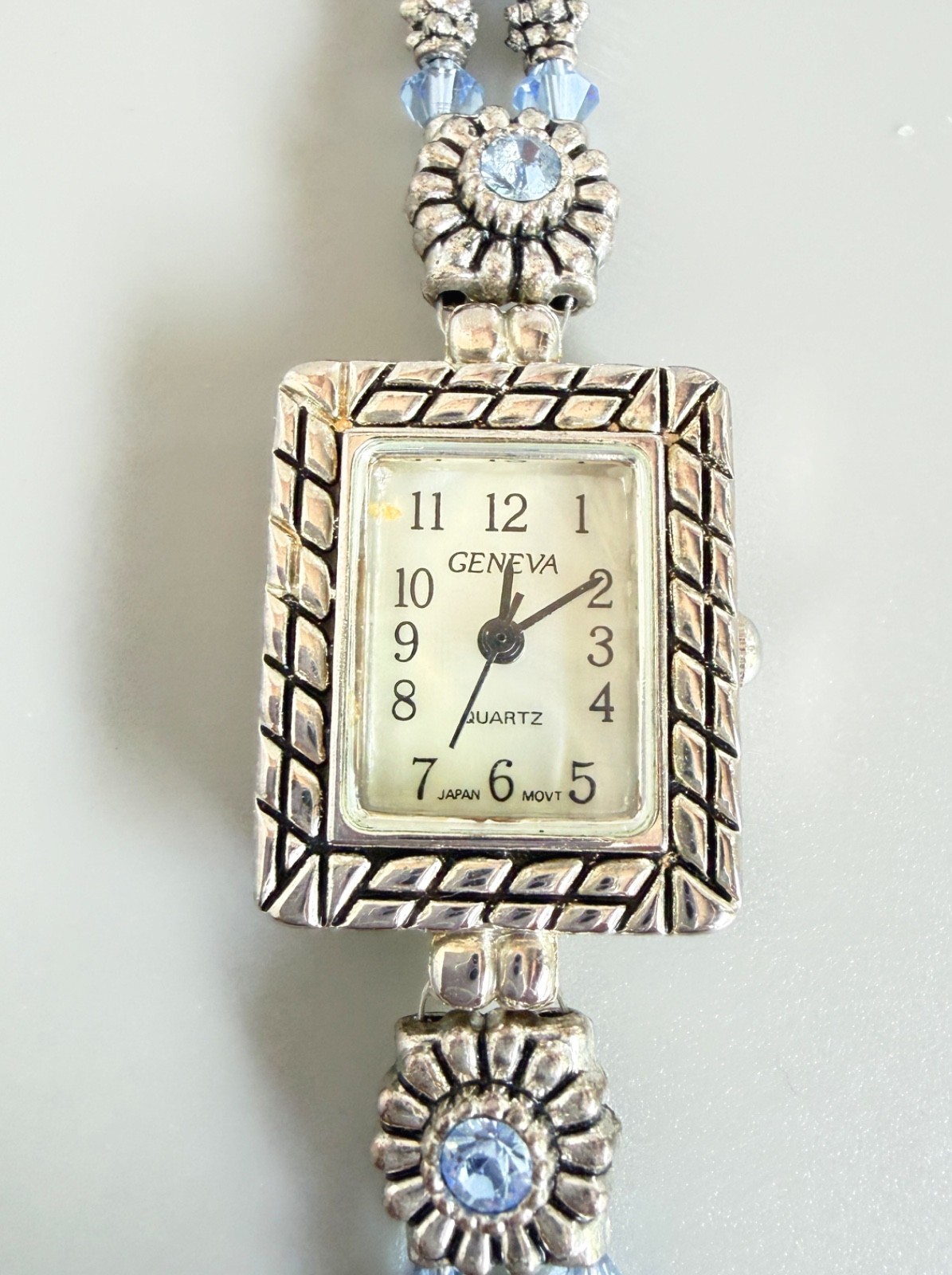 Geneva Silver Tone Beaded Watch Light blue Bicone Crystal Toggle Strap Retro