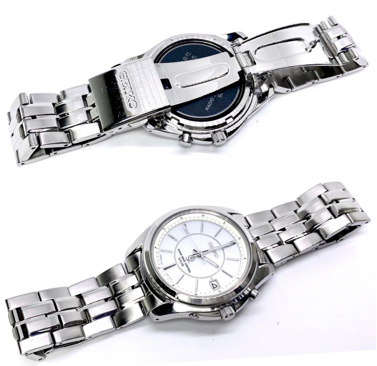 Seiko 7B22 Radio Solar Mens Watch Silver Dial Date Sapphire 10ATM Japan