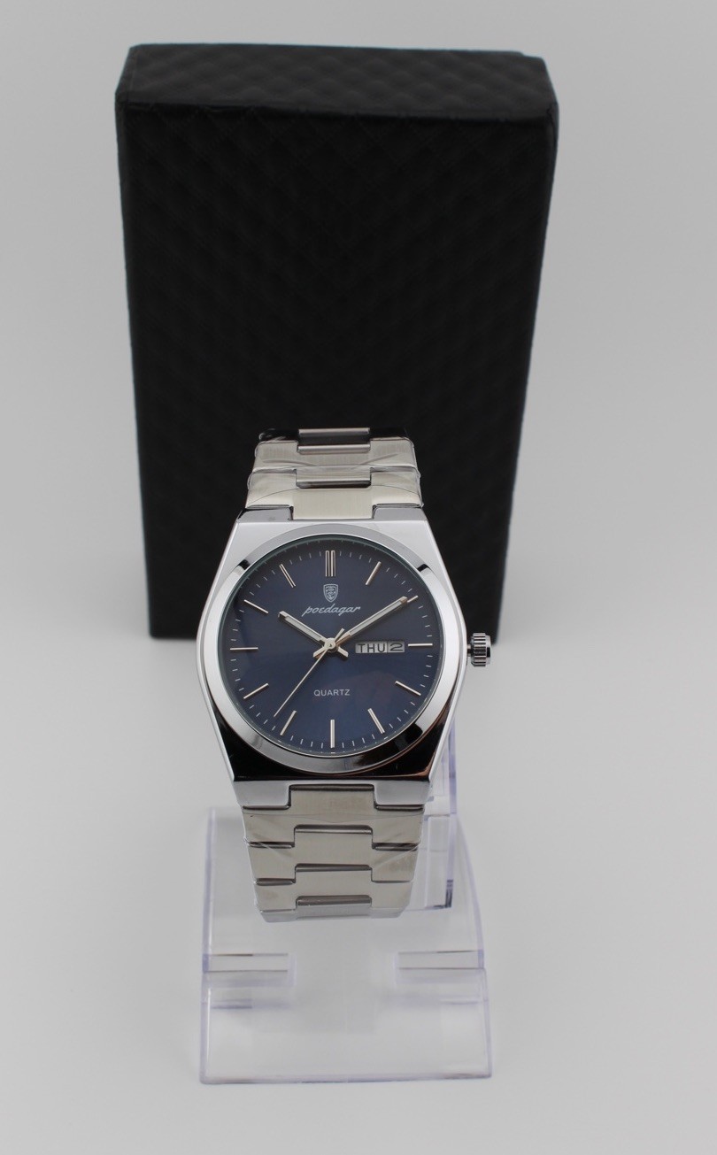 Poedagar Men’s Quartz Watch 40mm Blue Dial Stainless Steel Day Date 6.5″ 3ATM